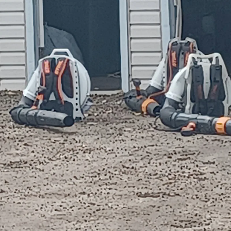 Backpack blowers lined up and ready before a property cleanup